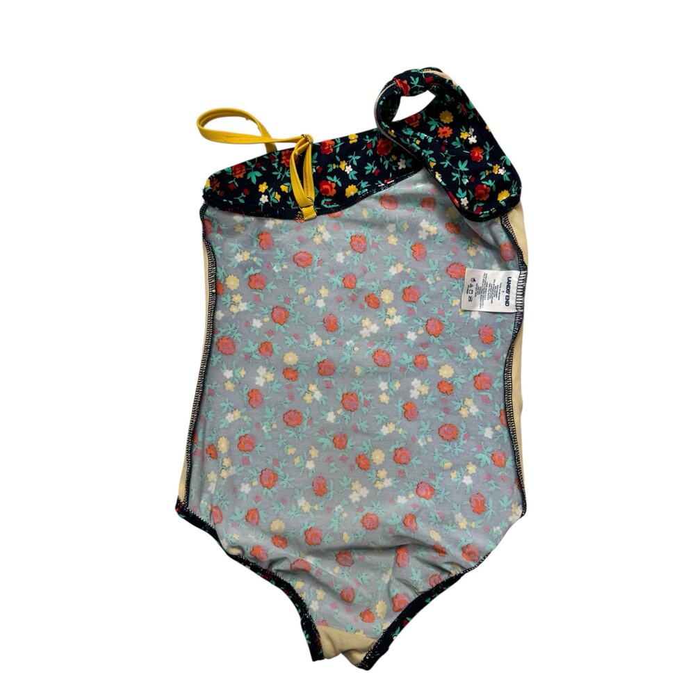 LANDS END Navy Floral Bow One Piece Girls Swim Suit Size 7 Red Yellow Strap - Picture 5 of 5